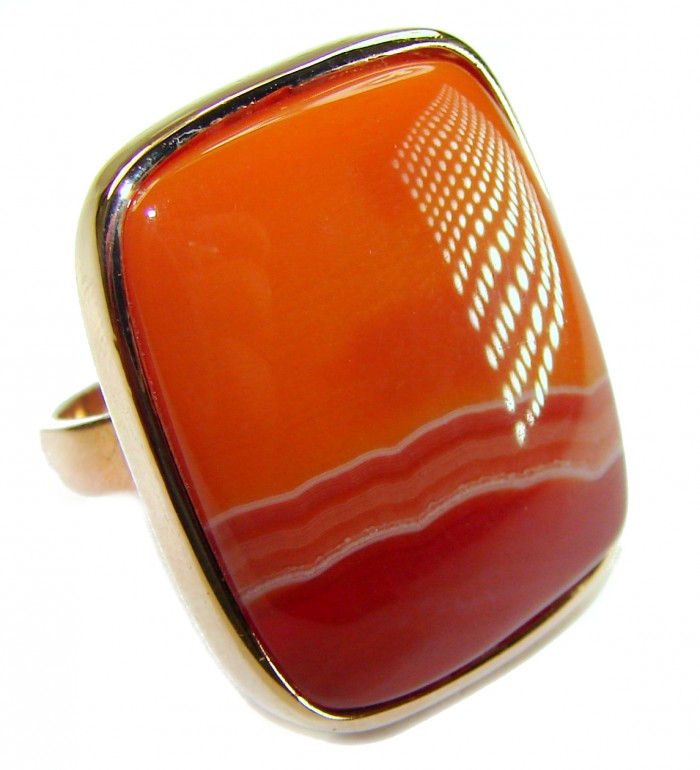 Toffee Orange Power natural Carnelian 14K Rose Gold over .925 Sterling Silver handmade ring s. 7 adjustable - Close-up of toffee orange Carnelian stone in 14K rose gold setting.