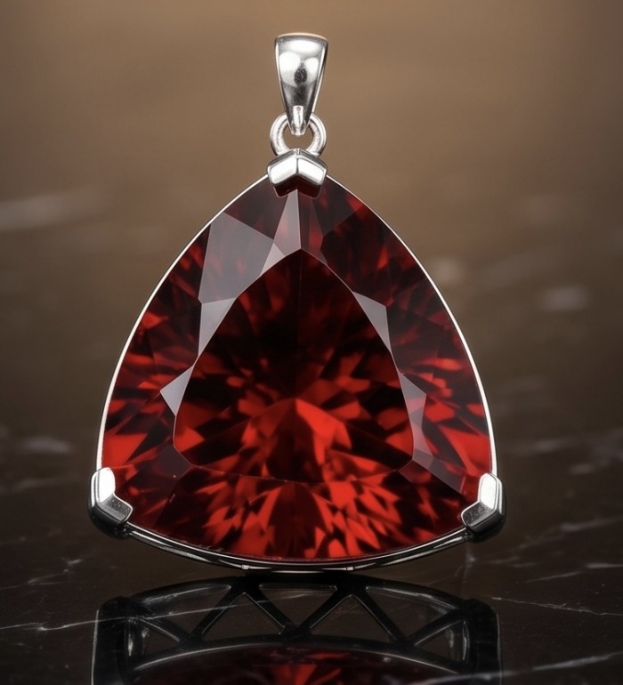 Very Rare! Trillion Cut Perfect 44.5 carat Volcanic Helenite .925 Sterling Silver handcrafted Pendant - Trillion-cut 44.5 carat red stone pendant, front view close-up.