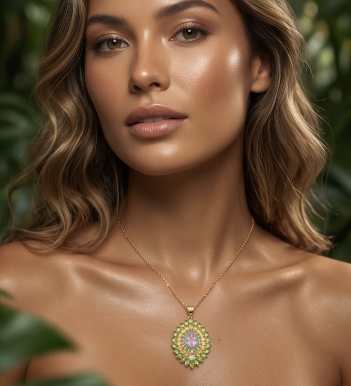 Giovanna - Victorian style - 55.5 carat Authentic Rose Quartz Brazilian Peridot .925 Sterling Silver handcrafted Pendant - Woman wearing Giovanna Victorian style rose quartz necklace, front view.