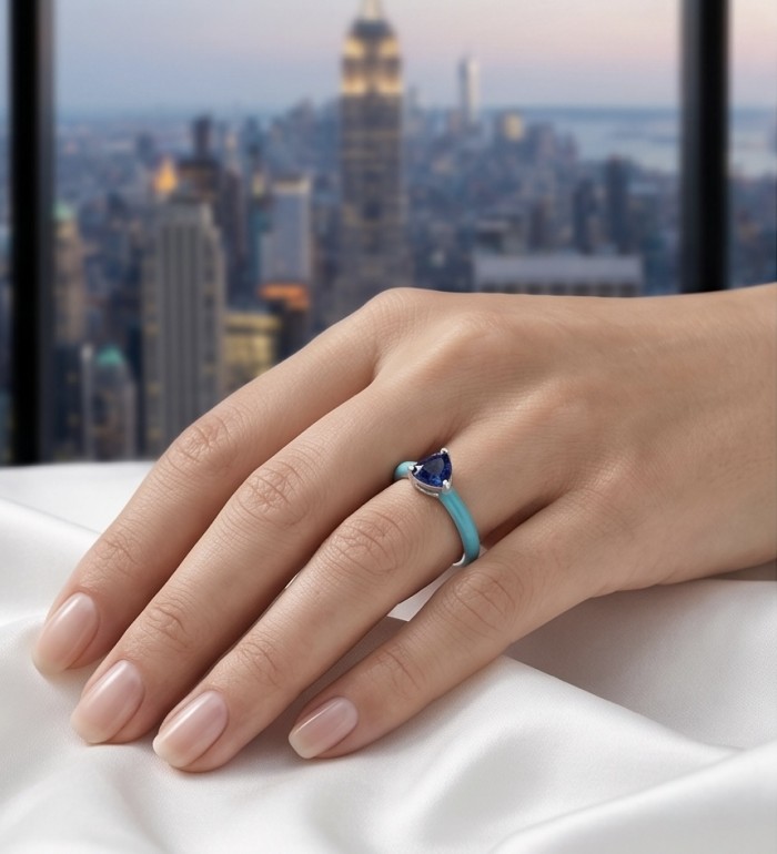 Natural 0.8 carat Sapphire and Enamel .925 Sterling Silver Huge handcrafted Ring s. 8 - Sapphire ring worn on hand against city skyline background.