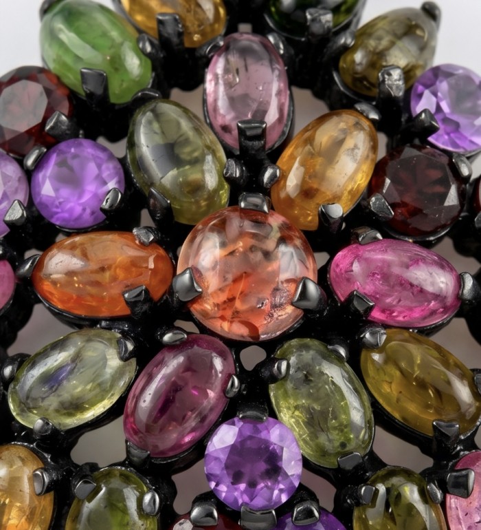 Giovanna 17.5 carat Brazilian Watermalon Tourmaline black rhodium over .925 Sterling Silver handmade Pendant - Close-up of multicolored gemstones in black metal setting.