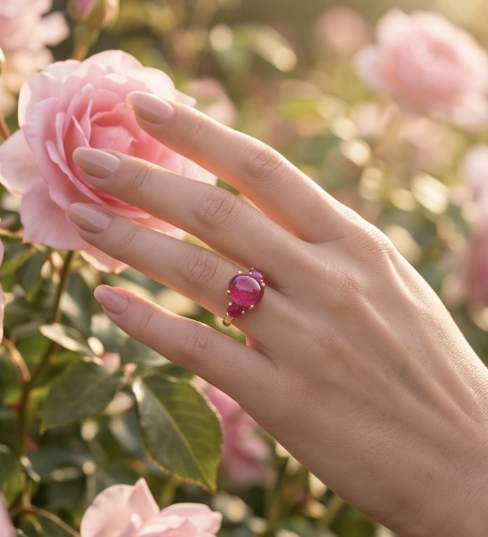 Giuseppina - Magnificent 10.7 carat authentic Ruby 22K Gold over .925 Sterling Silver handcrafted Statement Ring size 6 - Ruby ring worn on hand, surrounded by pink roses.