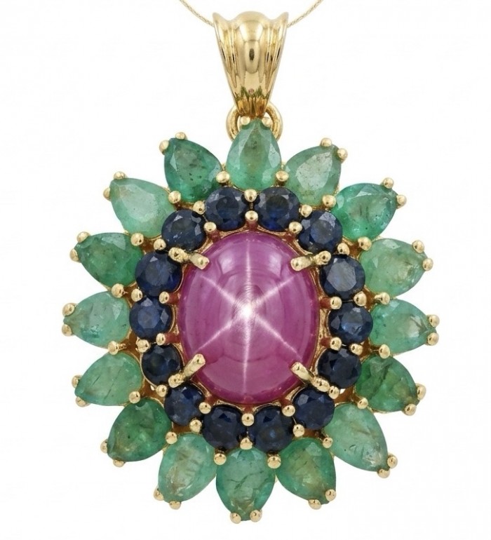Carmen - authentic 22.5 carat Star Ruby 18K Gold over .925 Sterling Silver handcrafted Pendant - Close-up of Carmen pendant with star ruby and emeralds in 18K gold.