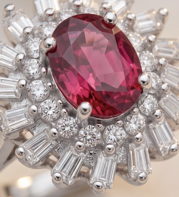 Scarlett 3.4 ctw Mozambique Ruby .925 Sterling Silver handcrafted Statement Ring size 7 1/4 - Close-up of Scarlett 3.4 ctw Mozambique Ruby in sterling silver setting.