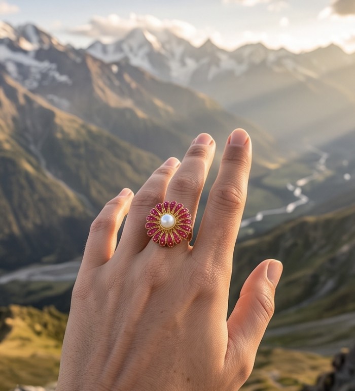 Red Flower Fresh water Pearl Enamel 18K Gold over.925 Sterling Silver Ring s. 6 - Red flower pearl ring worn on hand, mountain background