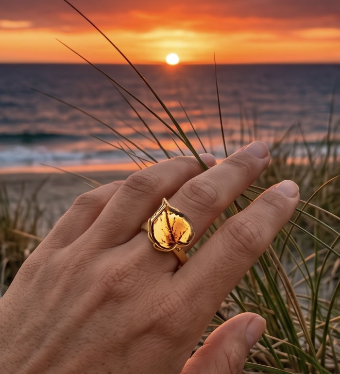 Golden Leaf Authentic Golden carved Baltic Amber .925 Sterling Silver entirely handcrafted ring; s. 8 adjustable - Golden leaf amber ring worn on hand with sunset background