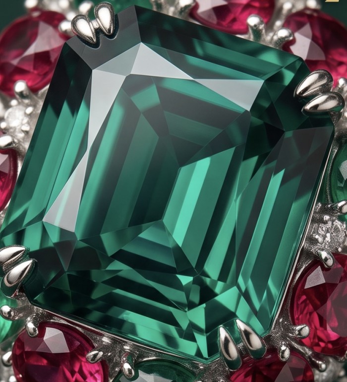 Natural 41.5 carat carved Emerald Ruby Sapphire rhodium over .925 Sterling Silver handcrafted ring size 7 1/4 - Close-up of carved emerald with ruby and sapphire accents in rhodium setting