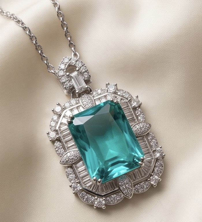 Rio Grande do Norte - Brazilian's Briliance - baquette cut 28.5 carat Paraiba Tourmaline .925 Sterling Silver handcrafted necklace - Pendant close-up with emerald cut stone and diamond accents