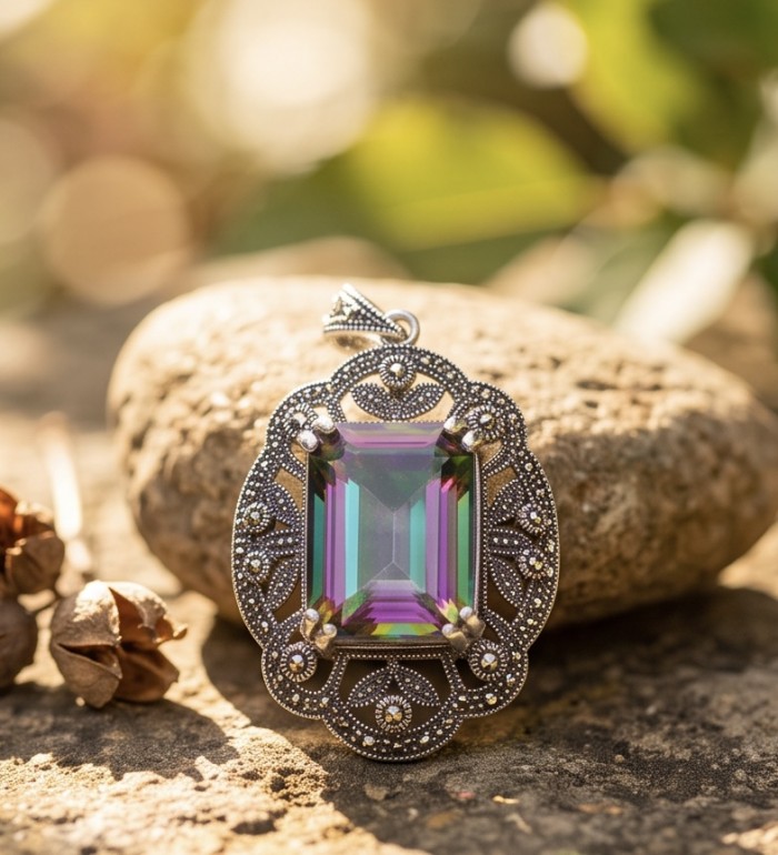 Iconic Design 22.5 baquette cut Mystic Topaz Marcasite .925 Sterling Silver dipped in black rhodium handcrafted Pendant - Close-up of ornate marcasite pendant with mystic topaz on stone background.