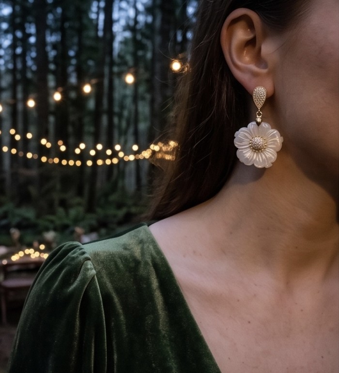 BLOOMING FLOWERS Genuine Blister Pearl 0.2 CARAT lab grown Diamond 18K Gold over .925 Sterling Silver handcrafted Statement Earrings - photo 1