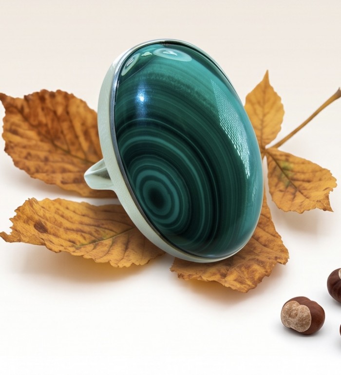 Green River 33.2 CARAT genuine Malachite from Utah .925 Sterling Silver handcrafted ring size 8 adjustable - Malachite stone side view on autumn leaves with hazelnuts nearby