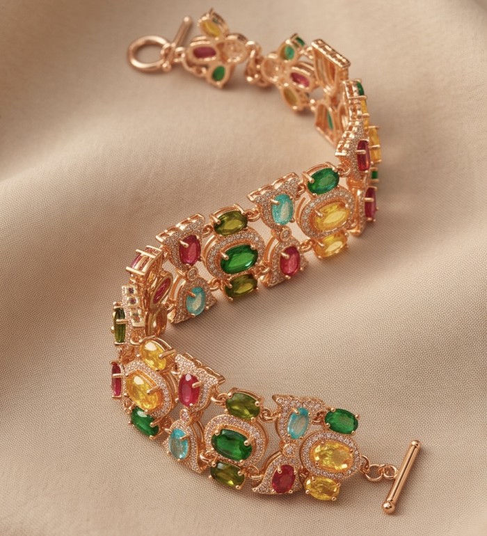 Tutti Frutti 28.5 CARAT MULTIGEM 18K Rose Gold over .925 Sterling Silver brilliantly handcrafted Bracelet - Tutti Frutti multigem bracelet in 18K rose gold, close-up angle.