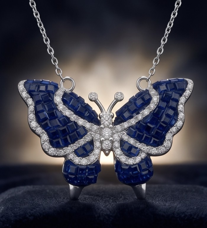 Precious Blue Butterfly mystery setting 14.2 carat natural Sapphire .925 Sterling Silver Necklace - Blue butterfly necklace with gemstones, front view close-up.