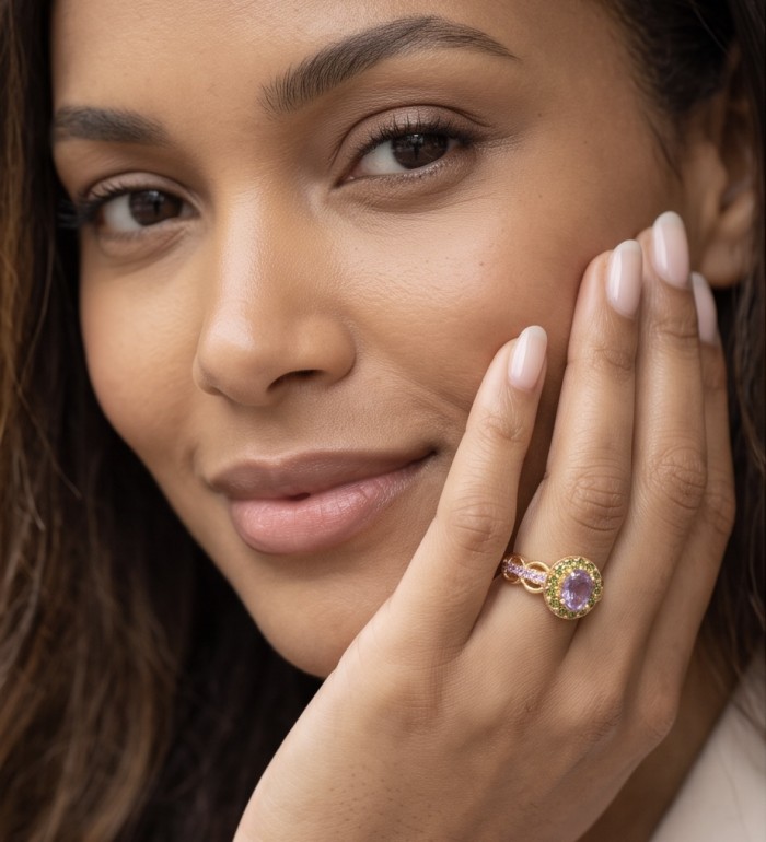 Emily 3.8 carat Amethyst 18K Gold over .925 Sterling Silver Handcrafted Ring size 11 - Amethyst ring close-up worn on hand, Emily 3.8 carat 18K Gold.