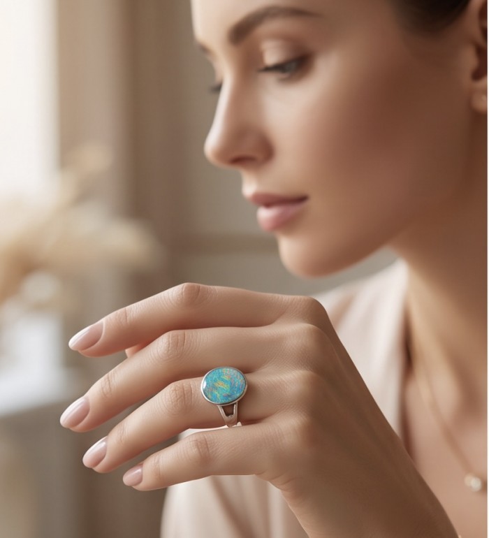 Endless Ocean Genuine 18.5 carat Australian Opal .925 Sterling Silver handmade Ring size 6 1/4 - Woman wearing Endless Ocean Opal ring, side view close-up on hand
