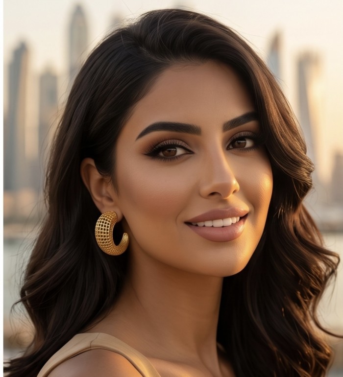Dubai Style .925 Sterling Silver dipped in 22K Gold handmade Earrings - Woman wearing gold hoop earrings, side view, city skyline background