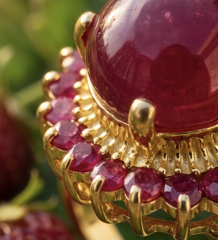 King of Gems Genuine 7.7 CARAT Mozambique Ruby 22K Gold over .925 Sterling Silver Statement Ring size 6 1/2 - Ruby stone close-up in gold setting, details of gems and prongs shown.