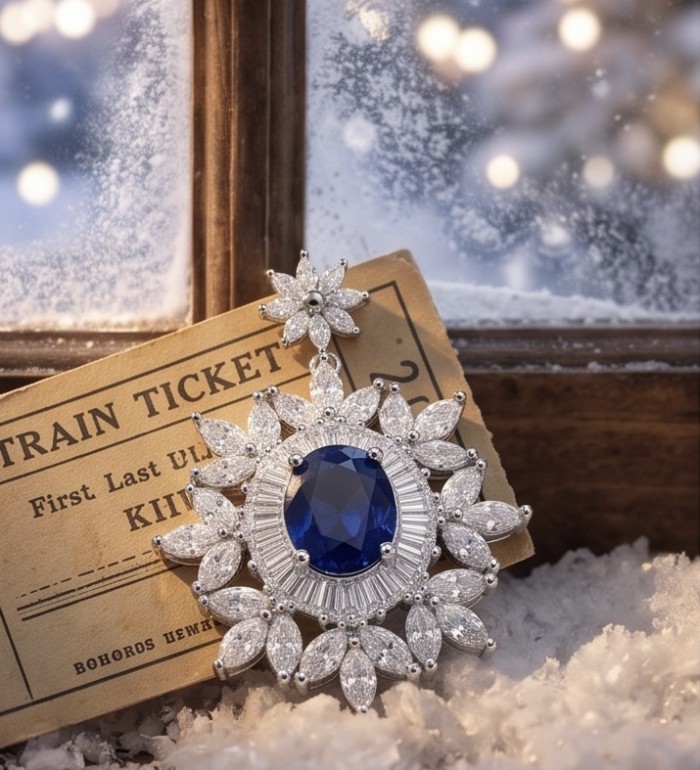 Vintage Beauty 5.7 carat Sapphire Rhodium over .925 Sterling Silver handcrafted pendant - Close-up of Vintage Beauty sapphire brooch on snowy surface with train ticket