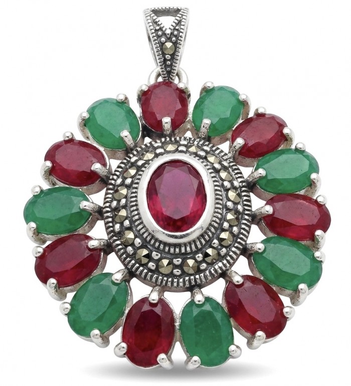Giovanna 22.2 carat authentic Ruby Emerald Marcasite .925 Sterling Silver handmade Pendant - Close-up of Giovanna ruby emerald marcasite pendant
