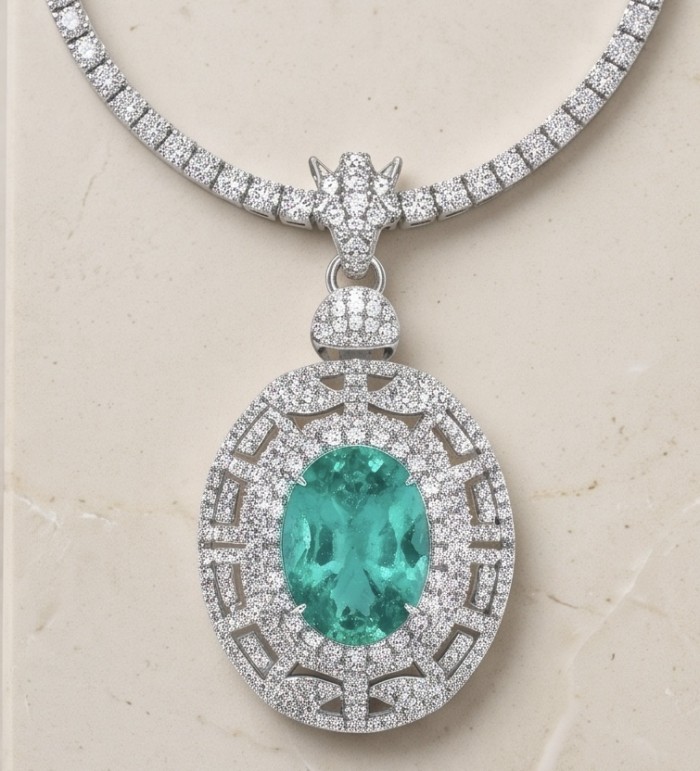 Colombian Briliance - oval cut 22.7 carat Emerald .925 Sterling Silver handcrafted necklace - Oval cut emerald pendant on diamond necklace, top view