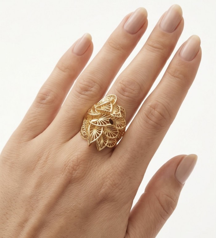 Dubai Style - .925 Sterling Silver dipped in 22K Gold handmade Large ring size 8 - Gold filigree ring worn on hand, top view.
