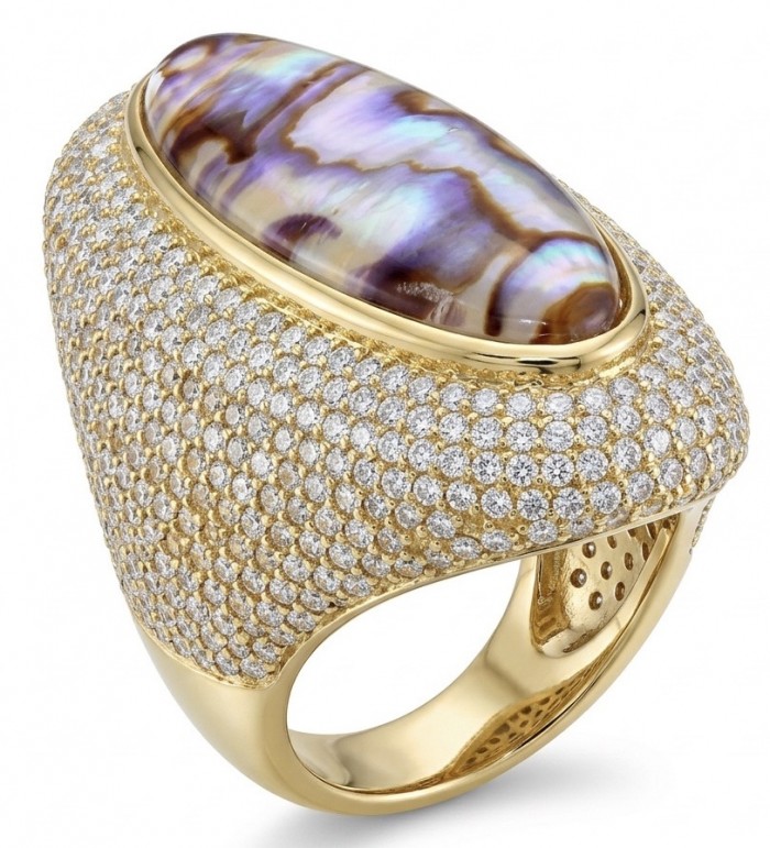 Large Genuine Rainbow Abalone lab. grown Diamond 18K Gold over .925 Sterling Silver handcrafted Large ring; s. 7 - Side view of large abalone and diamond ring in 18K gold.