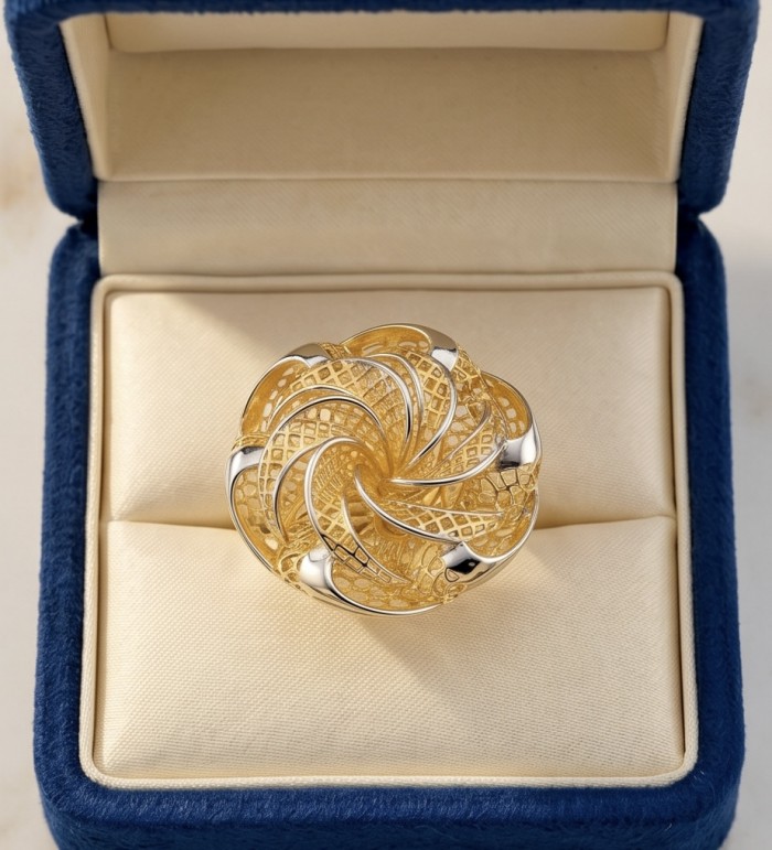 GOLDEN ROSE - Dubai Style - .925 Sterling Silver dipped in 22K Gold handmade Large ring size 7 1/4 - Top view of GOLDEN ROSE ring in velvet box, Dubai style, silver-gold design.