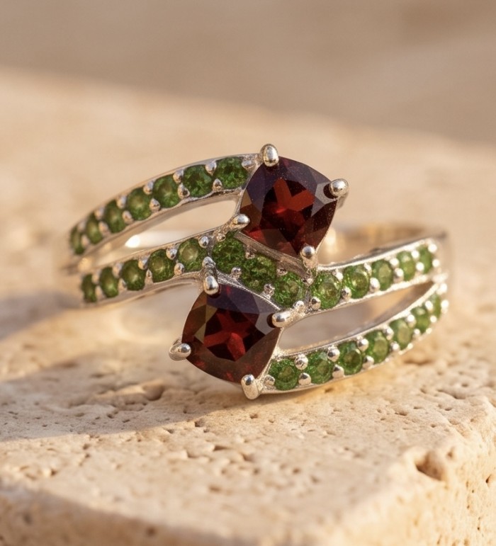 Passion 4.1 carat natural Garnet rhodium over .925 Sterling Silver Handcrafted Ring size 8 - Side view of Passion ring with garnet and green stones on sterling silver