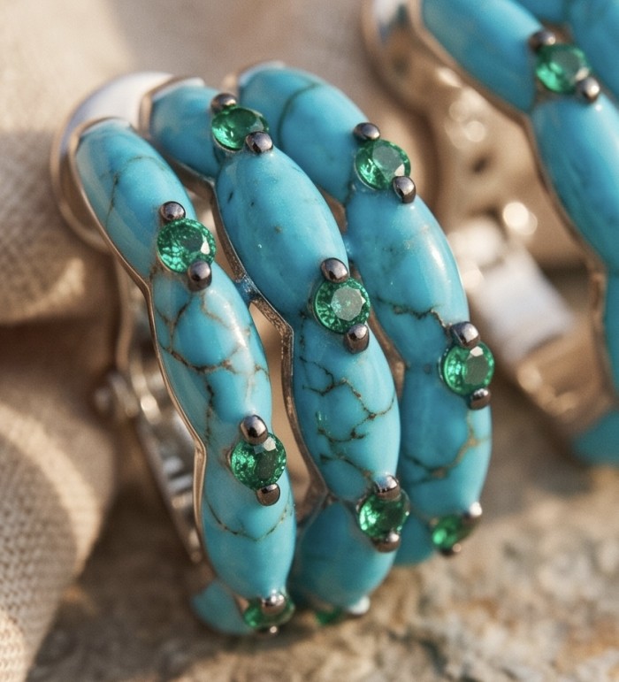 Natural Turquoise Enamel 0.4 carat Chrome Diopside rhodium over .925 Sterling Silver handcrafted earrings - Close-up of turquoise enamel and diopside stones in rhodium setting.