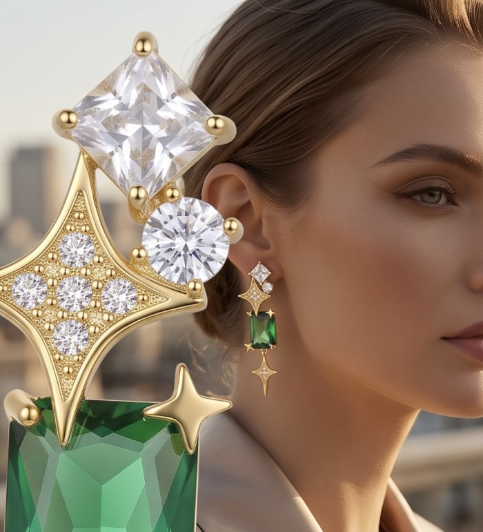 Green Dreamland 9.9 carat authentic Himalayan Peridot .925 Sterling Silver Handcrafted Asymmetrical Statement Earrings - Peridot earring worn, close-up detail with diamond accents