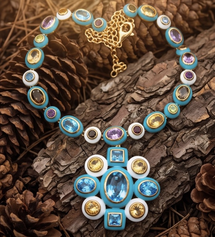 Outstanding - Authentic 31.2 carat Swiss Blue Topaz 18.8 carat Citrine 14.1 carat Amethyst Enamel 22K Gold over .925 Sterling Silver handcrafted Statementbnecklace - Colorful gemstone necklace with central blue topaz, pinecone background