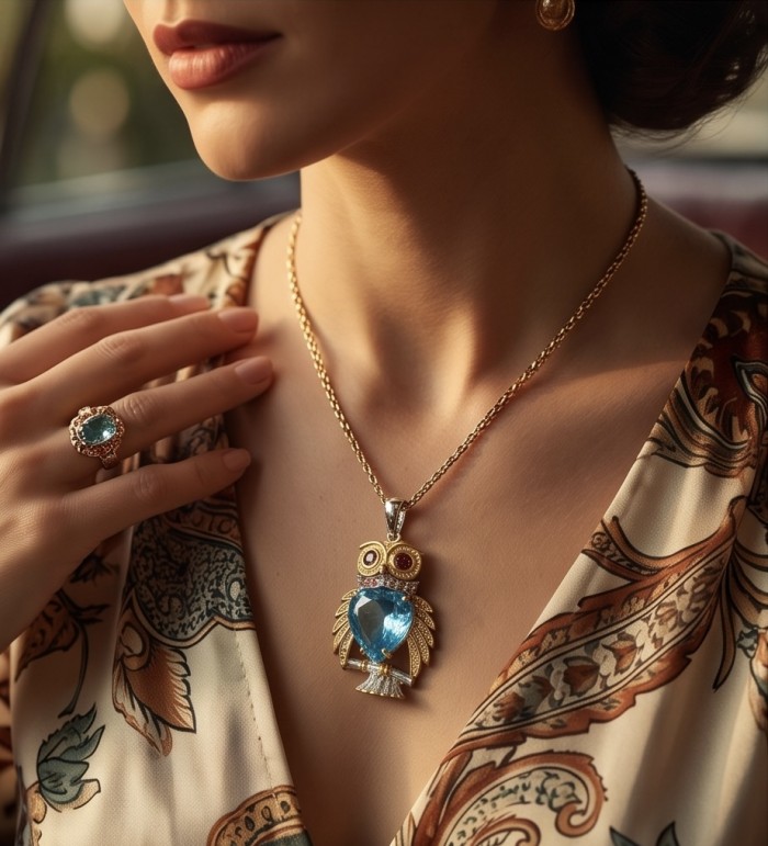 Authentic 17.4 carat Swiss Blue Topaz Owl 18K Gold over .925 Sterling Silver handmade Pendant - Woman wearing Swiss Blue Topaz Owl necklace and ring close-up