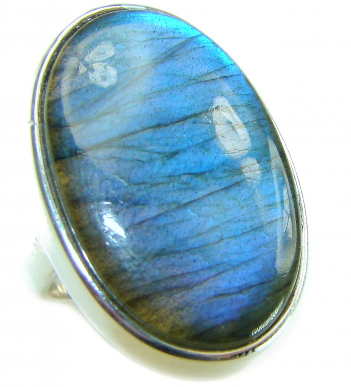 Shimmering Natural Labradorite .925 Sterling Silver handcrafted Large ring size 8 adjustable - Close-up of shimmering natural labradorite in sterling silver setting.