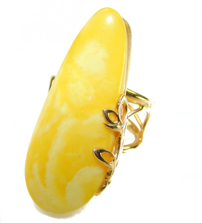 Authentic Golden Butterscotch Baltic Amber 18K Gold over .925 Sterling Silver entirely handcrafted ring; s. 7 adjustable - Golden Butterscotch Baltic Amber ring, stone close-up, 18K gold setting.