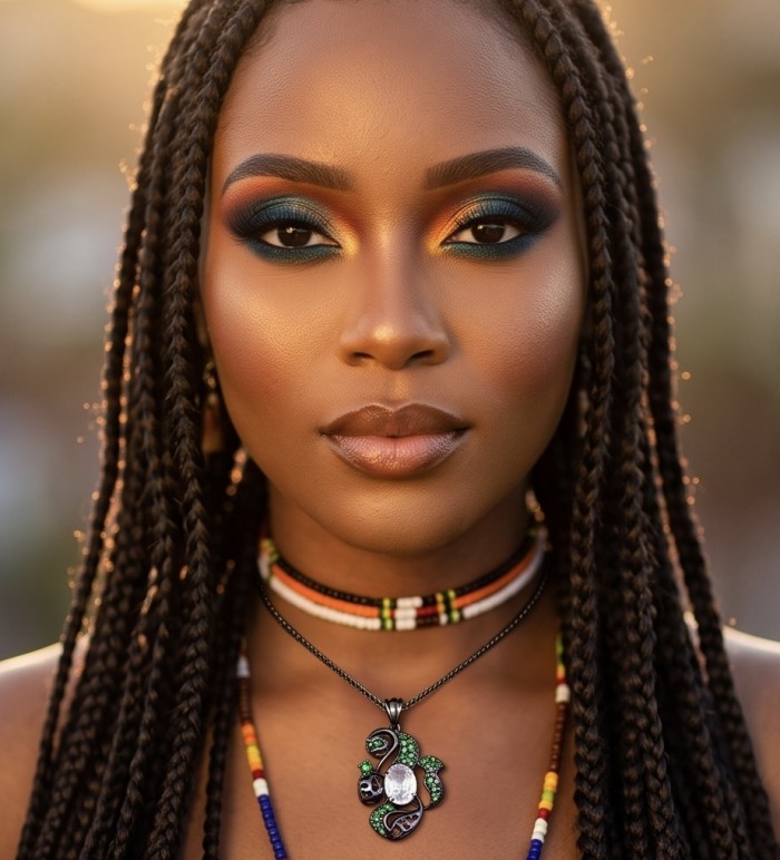 Colors of the Earth Precious 18.5 carat Multigem black rhodium .925 Sterling Silver Statement Pendant - Necklace worn, frontal view; multigem design with colorful beads.