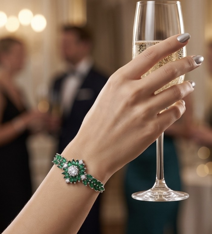 Giovanna - Authentic 10.9 carat COLOMBIAN EMERALD .925 Sterling Silver handcrafted bracelet - Worn on hand, emerald bracelet with champagne glass in elegant setting.