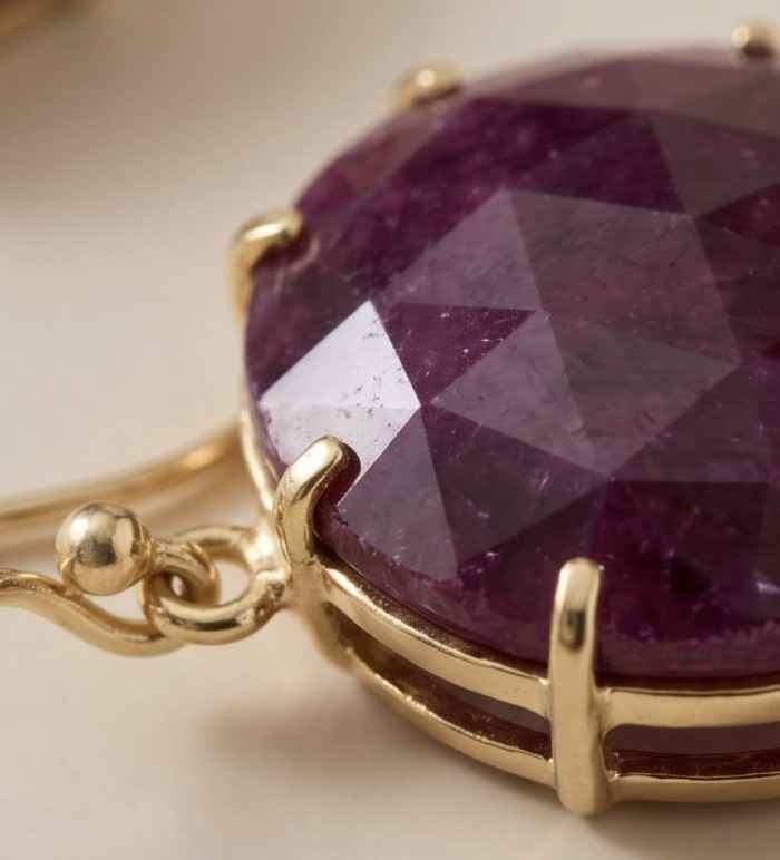 Giovanna Natural 22.2 carat Kasmir Ruby 18K Gold over .925 Sterling Silver handcrafted Statement earrings - Ruby stone close-up in gold setting, Giovanna Natural 22.2ct Kashmir Ruby