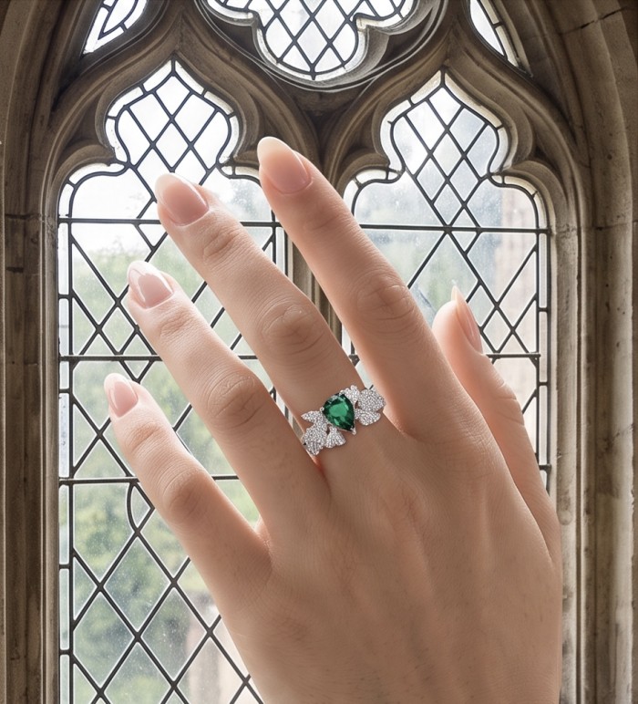 Precious 3.8 CARAT Chrome Diopside .925 Sterling Silver Statement Ring s. 8 adjustable - Emerald ring worn on hand, gothic window background