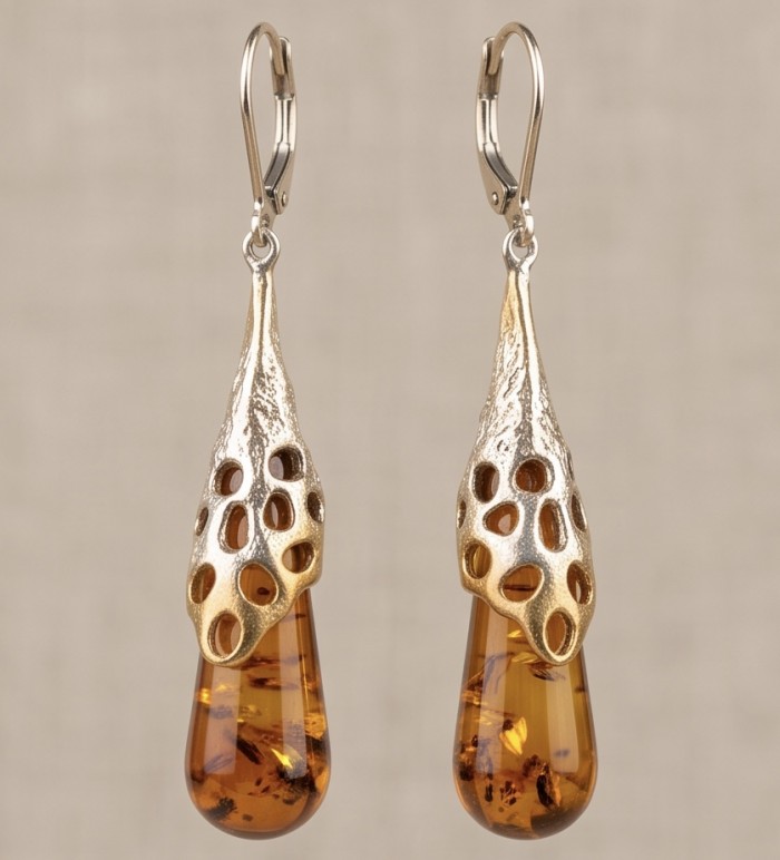 Very Special product - Wonderful natural Baltic Amber 2 tones .925 Sterling Silver entirely handcrafted earrings - Amber drop earrings with gold accents, front view.