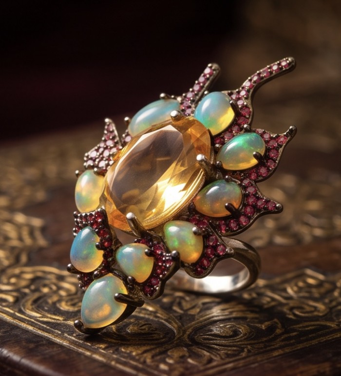 Giovanna 9.2 carat Brazilian Citrine 5.2 carat Australian Fire Opal .925 Sterling Silver dipped in rhodium handcrafted ring; s. 7 1/4 - Close-up of ornate ring with citrine and opal gemstones.