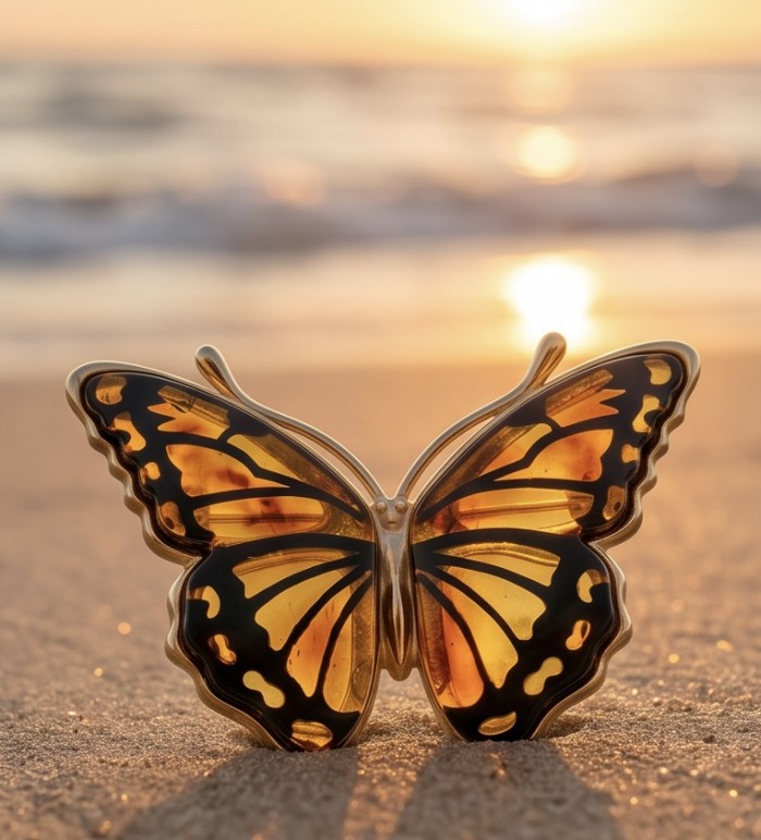Golden Butterfly Authentic carved Baltic Amber 18K Gold over .925 Sterling Silver handcrafted pendant - Butterfly amber brooch on beach, front view with sunset background.