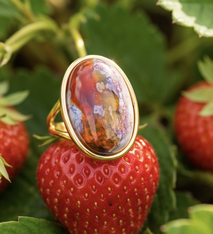 Bonfire Night best quality 21.4 carat Mexican Opal 18K Gold over .925 Sterling Silver handmade ring 8 - Mexican opal ring in 18K gold, close-up on strawberry background