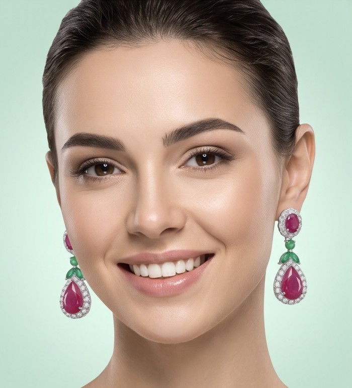 Bella Rossa - Magnificent Jewel 15.5 carat Mozambique Ruby .925 Sterling Silver dippedin Rhodium handcrafted earrings - Close-up of model wearing Bella Rossa 15.5 carat Mozambique Ruby earrings