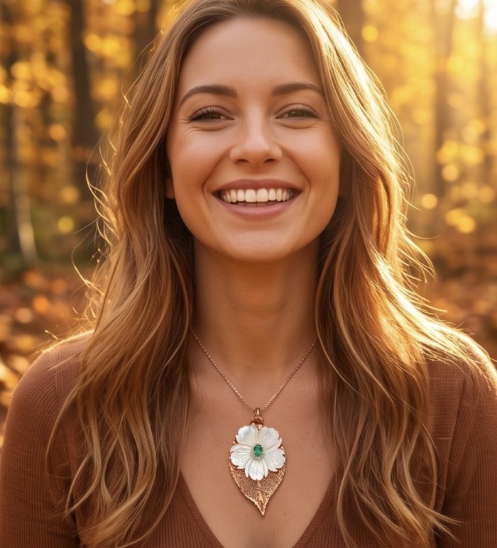English Oak Leaf - Real Leaf dipped in copper and .925 Sterling Silver handmade handcrafted Necklace - Woman wearing English Oak Leaf pendant in autumn setting.