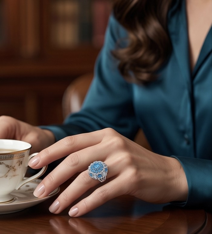 Blue Cascade Natural 14.8 carat Swiss Blue Topaz .925 Sterling Silver dipped in rhodium handmade Large Statement Ring size 6 1/4 - Blue Cascade Swiss Blue Topaz ring on hand holding a teacup