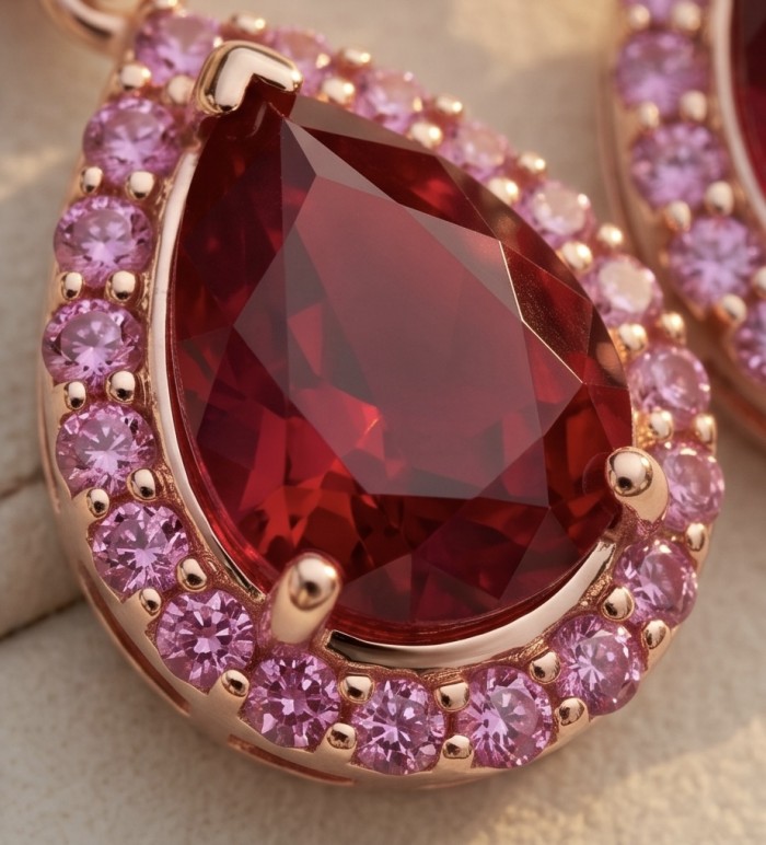 Giovanna - Magnificent classic design - 10.2 carat Kasmir Ruby .925 Sterling Silver dippedin 22K Rose Gold handcrafted incredible Statement earrings - Close-up of red gemstone pendant with pink stone halo in rose gold setting