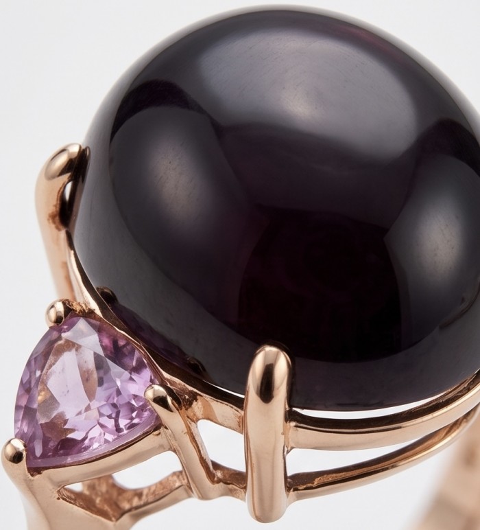 Cherry-Pick Natural 28.4 carat Mozambique Star Ruby .925 Sterling Silver dipped in 22K Gold handmade Large Statement Ring size 7 1/2 - Close-up of ring with Mozambique ruby and pink gemstone accents