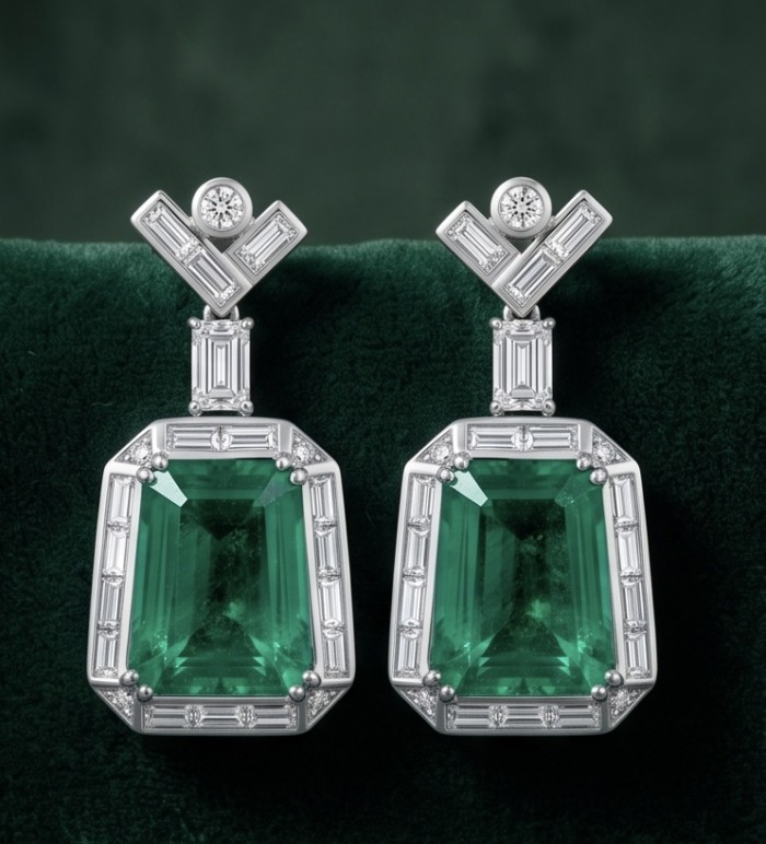 Art Deco - Magnificent Jewel 32.5 carat Colombian Emerald .925 Sterling Silver dipped in Rhodium handcrafted earrings - Front view of emerald and diamond earrings in sterling silver.