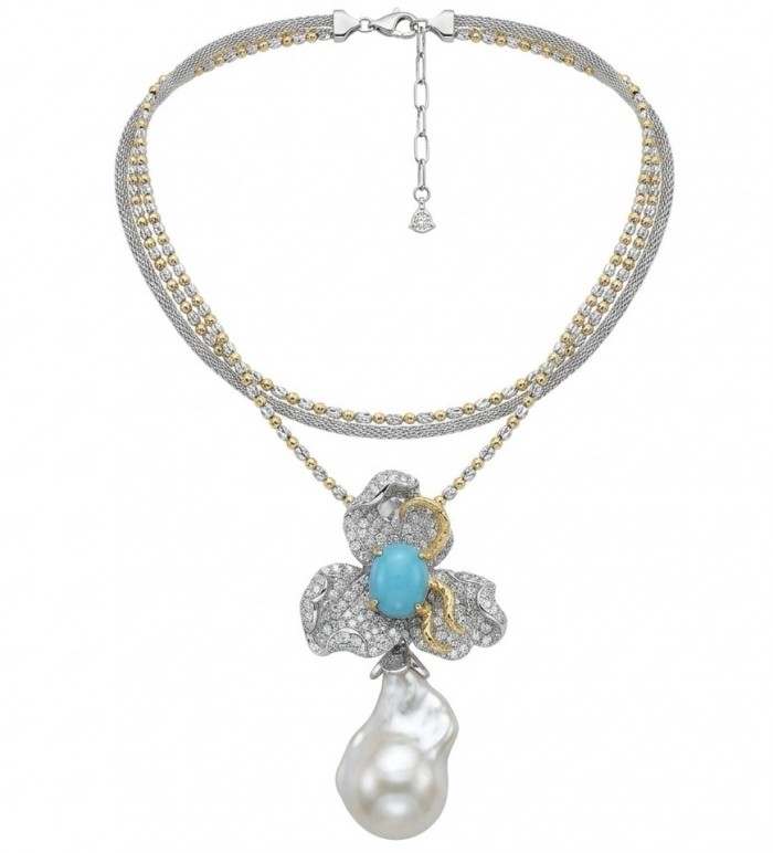 Precious Mother of Pearl 8.4 carat Sleeping Beauty Turquoise 18K Gold over .925 Sterling Silver Necklace; 20 inches long - Necklace with pearl and turquoise pendant, front view.