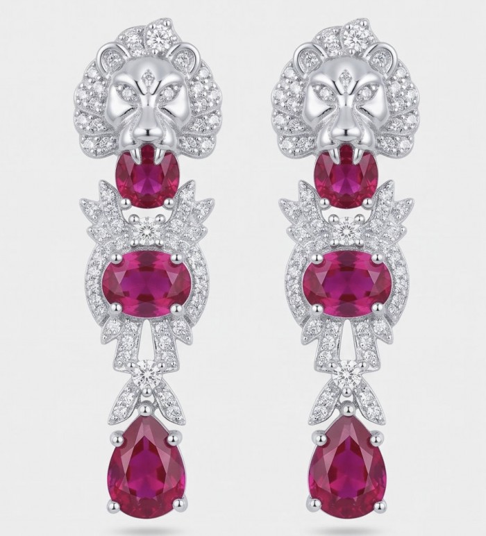 Leo - the King - Genuine 6.8 carat Ruby rhodium over .925 Sterling Silver handcrafted Statement Earrings - Front view of Leo earrings with rubies and lion detail.
